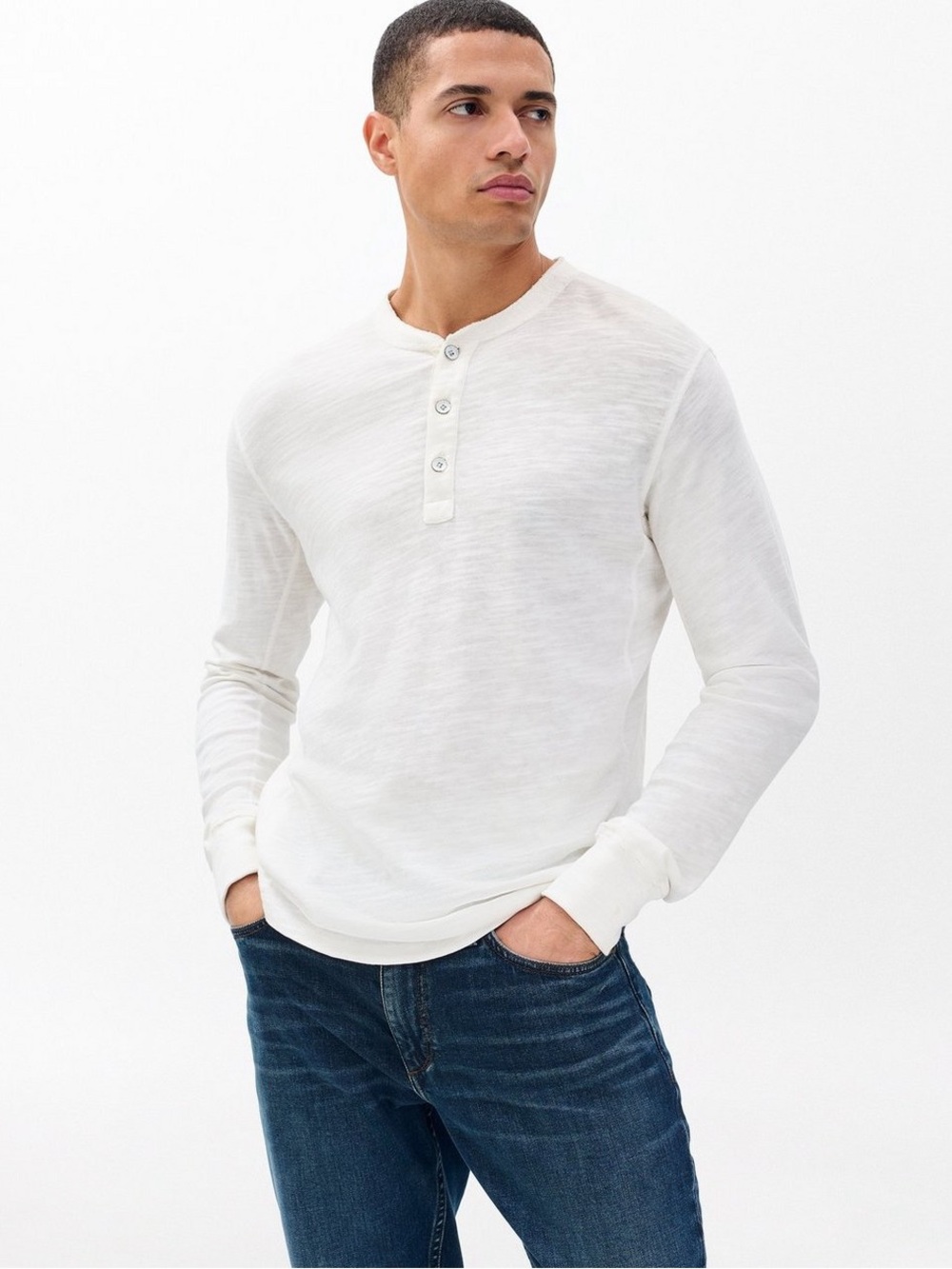 Men's Rag & Bone Classic Slub Henley Long Sleeve Shirt | White | Size Medium